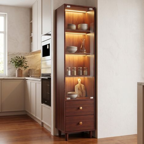 Meuble rangement vitrine LED 2 tiroirs bois marron OKMYHOME (1/5)