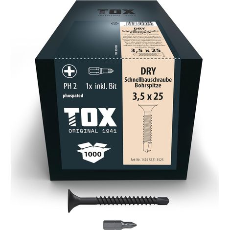 Vis à fixation rapide DRY BS 3,5 x 25 mm, vis noires phosphatées avec filetage fin + pointe de perçage, plaque de plâtre sur ossature métallique, PH2, 1000 pcs, y compris 1x embout, 142553213525 (1/5)