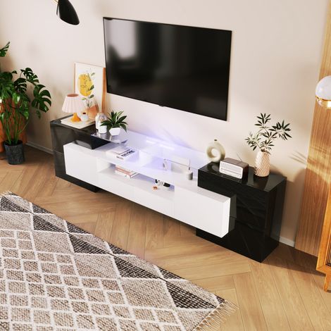 meuble tv rangement 200 cm noir blanc led verre moderne OKMYHOME (1/5)