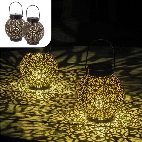 Lampe Solaire Exterieur Decorative Lot De 2 Lanterne De Jardin À LED Convient Comme Lampe De Table Ou Lampe À Suspendre Métal Noir Et Or (1/5)