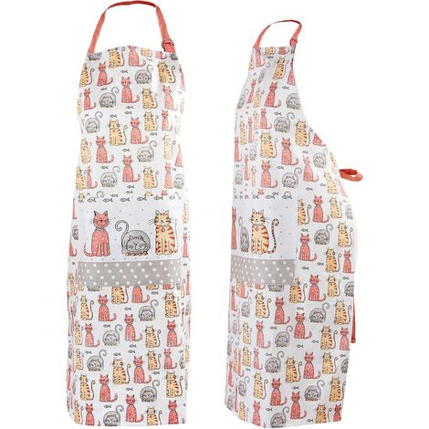 Tablier Cuisine avec Mignon Chat Imprimé pour Chef Cuisinier Femme Homme, 100% Coton, Réglable au Grand Poche, Idée Cadeaux pour les Amoureux des Chats 85x54cm (1/5)