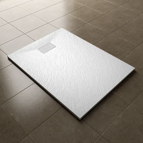 ELEGANT 1200x900mm Slip-Resistance Shower Tray White Slate Effect Square Shower Enclosure Base with Waste Trap and Stainless Steel Drain Cover A