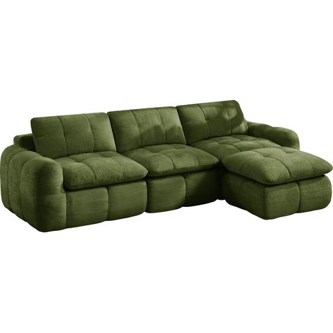 Canapé modulable 3 places en chenille douce verte, canapé d’angle sans structure avec pouf, mousse 32D, 264 x 160 x 68 cm (1/5)