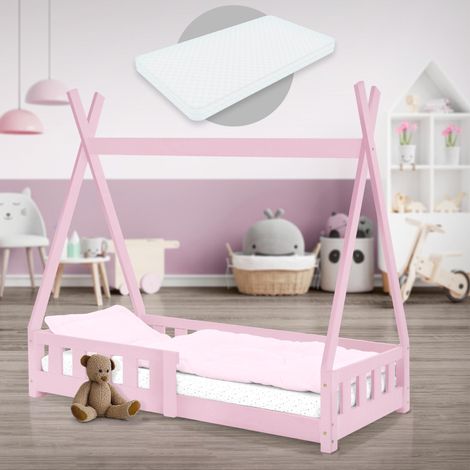 ML-Design Letto a Terra per Bambini Design Tipi 70 x 140 cm Rosa, in Legno di Pino Massiccio, con Sponde Protezione Anticaduta e Materasso Sfoderabile in Schiuma Fredda, Giroletto Montessori (1/5)