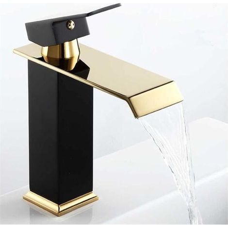 Robinet Lavabo Monotrou Noir Mat et Or, Bec Cascade en Laiton Massif, Installation Facile pour Vasque de Salle de Bain (1/5)