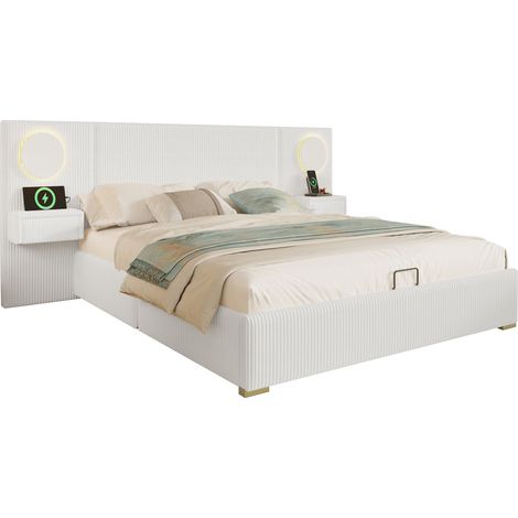 Letto contenitore 180x200 cm in velluto beige con LED, USB e sollevamento idraulico (1/5)