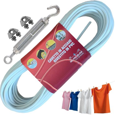 Fil pour étendre le linge d'extérieur 10 m x d.4,5 mm résistant, étendoir à linge fabriqué en Italie, câble en acier revêtu (fil+kit) (1/5)