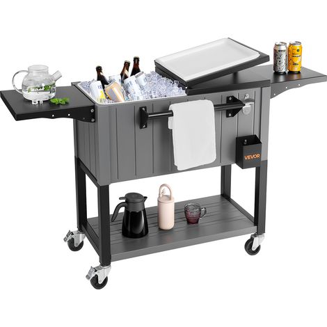 VEVOR Kühlwagen Getränkewagen 75,71 L bis zu 50 Flaschen / 110 Dosen, Beistellwagen für Terrassenpartys und Bars mit unterem Regal & Seitenregalen & Flaschenöffner & Deckel, Getränkekühler Schwarz