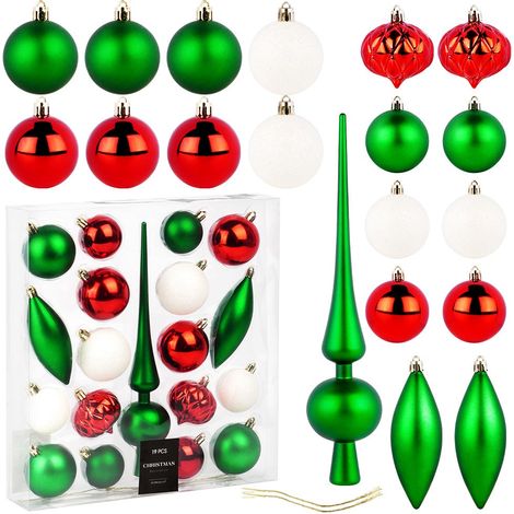 Boules de noel incassables avec pique vertes rouges blanches 19 pieces