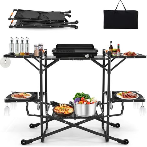 COSTWAY Tavolo da Campeggio Pighevole, Tavolo da Cucina Portatile con 4 Tavoli Laterali, Tavolo da Cucina per Picnic con Mensola Portaoggetti, Borsa (1/5)
