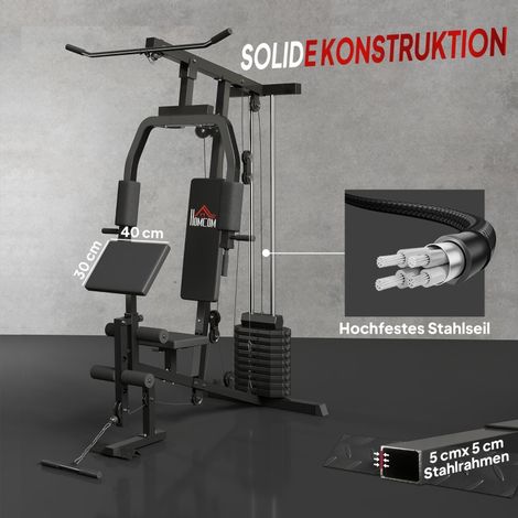 Station de musculation multifonction 45kg pour maison, appareil de tirage vertical avec poulie haute, barre biceps courte, presse pectorale, entraîneur jambes, machine papillon, noir (1/5)