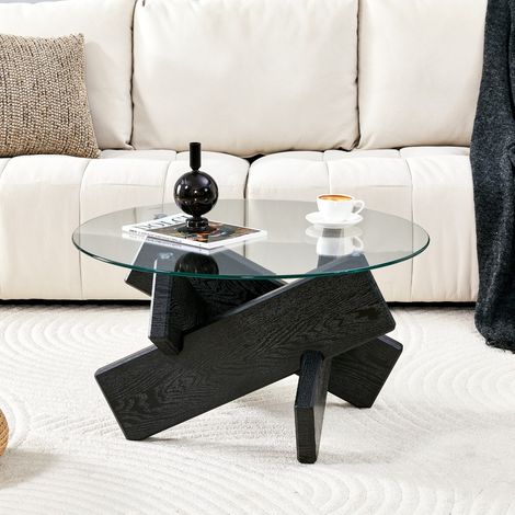 Table basse ronde multicolore 79x79x45cm, plateau verre trempé, pieds bois noir, style élégant pour salon (1/5)