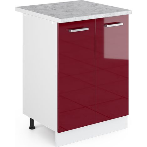 Unterschrank R-Line, Bordeaux Hochglanz, 60 cm mit Türen, mit Arbeitsplatte, Vicco
