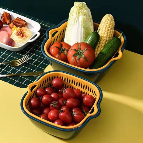 Panier d'égouttage double couche avec poignée latérale, en polypropylène épais, à drainage rapide, pour la cuisine, jaune et bleu. (1/5)