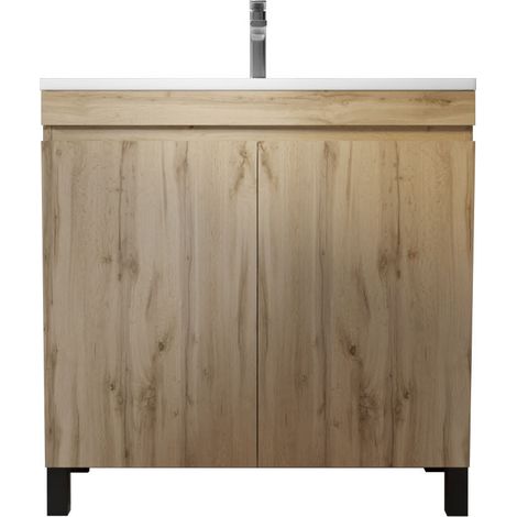 meuble de salle de bains 60 cm timber - décor chêne naturel à portes avec vasque céramique blanche — vue 3