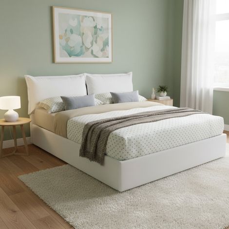 Dmora - Cama matrimonial Dlapalm, Cama contenedor con tapizado en ecopiel, 100% Made in Italy, Apertura frontal, con colchón 160x190 cm incluido, Blanco (1/5)
