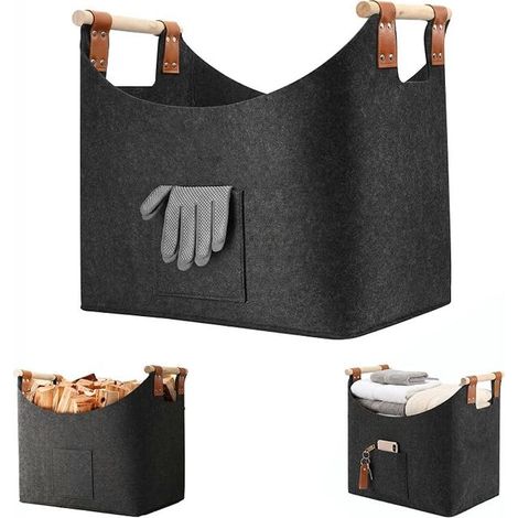 Panier à bois pour bois de cheminée, 55 l, avec poignées, avec 1 paire de gants, pour cheminée, salon, jardin (45 × 40 × 32 cm) (1/5)