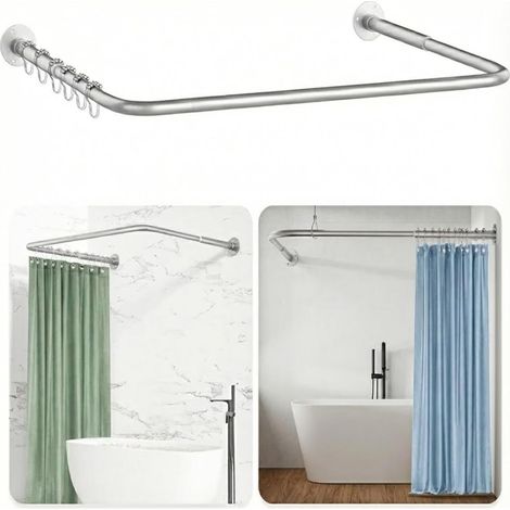 Barre de douche rétractable de type U/L, barre d'angle en acier inoxydable 304, antirouille et durable, avec 12 anneaux de rideau de douche, dimensions : 75 x (150-190) x 75 cm (1/5)