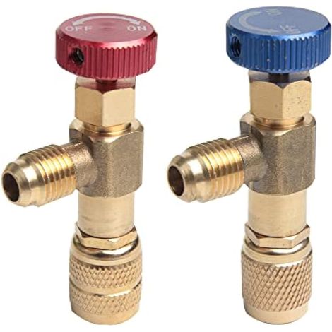 Lot de 2 adaptateurs de charge de réfrigération multifonctionnels R22/R410A, valve de charge de climatisation 1/4" SAE mâle vers adaptateur de sécurité 5/16" SAE Famale (1/5)