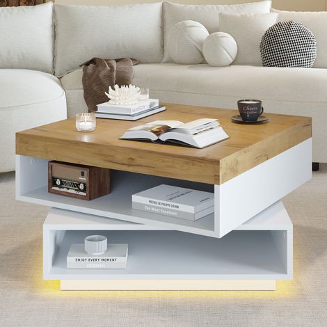 REDOM Tavolino da caffè 65x65x40 cm, piano girevole a 360°, illuminazione LED, vani aperti, MDF bianco e rovere