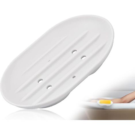 Porte-savon ovale en silicone blanc, antidérapant et robuste, avec évacuation, pour salle de bain, douche, comptoir ou cuisine. (1/5)