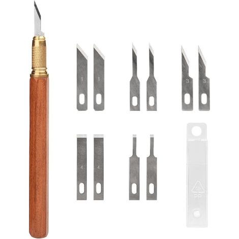 Couteau d'artisanat de précision Couteau de hobby de couteau Exacto Set poignée en bois avec 10 pièces SK5 lames en acier et couvercle de lame pour la modélisation de sculpture (1/5)