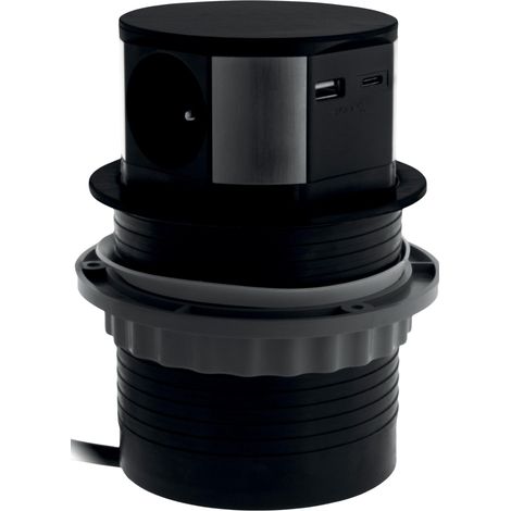 Cuisissimo – Prise plan de travail rétractable 3 prises + 1 USB-A et 1 USB-C – Pour installation encastrée – Compatible espaces confinés