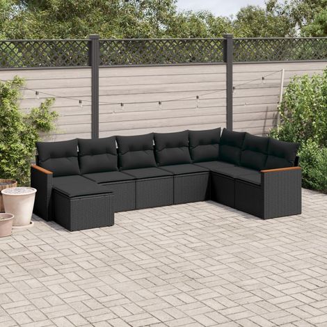 vidaXL Salon de jardin 8 pcs avec coussins noir résine tressée (1/5)