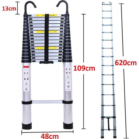 Échelles télescopiques 6,2m avec Crochets, 15 marches échelle en Aluminium, échelle multifonctionnelle avec protège-Doigts, échelle Extensible Pliable pour toiture