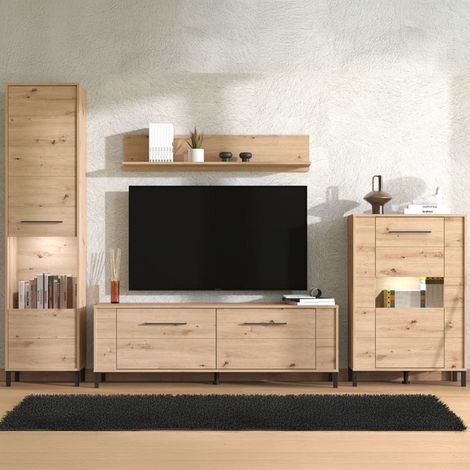 Pared Modular Cimbergo, Mueble de Salón Ajustable, 8 Estantes, 4 Puertas, 299x40x192.5h cm Roble Nudos Marrón (1/5)