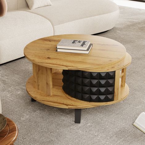 DESMIU Table basse avec plateau double niveau et rangement rotatif, pour salon, en panneau de particules, naturel (1/5)