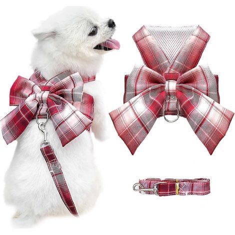 Harnais pour petits chiens avec nœud papillon, harnais pour petits chiens avec anneau en D, ensemble harnais et laisse réglables en maille douce pour chiots (rouge, taille L) (1/5)