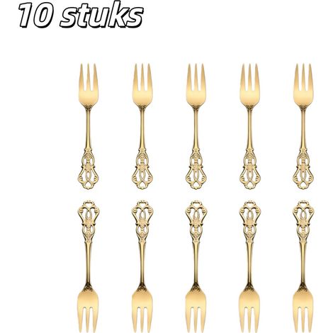 Lot de 10 petites fourchettes à gâteau en acier inoxydable avec design sculpté style vintage longueur 12,9 cm pour desserts fêtes mariages dîners et événements couleur dorée (1/5)