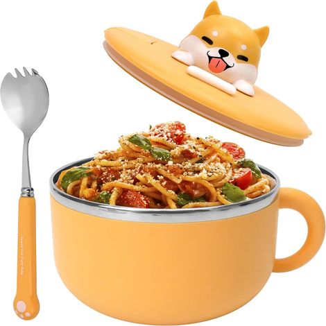 Bol para fideos instantáneos con asas, 1200 ml, con tapa y cuchara, portátil, apto para microondas, para sopas, ramen, empanadillas y ensaladas. (1/4)
