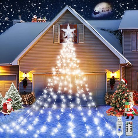 Lumière Exterieur Noel, 2M 9 Branche Guirlande Lumineuse Arbre Noel avec Étoile, 198 LEDs Étanches 8 Modes USB Guirlande Lumineuse Sapin de Noël avec Minuterie pour Jardin, Fête, Festival (1/5)