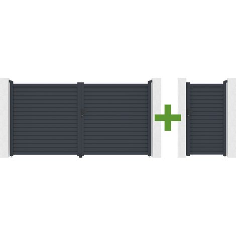 Portail battant 3,5m CALANCIA H.180cm lames persiennes aluminium gris + portillon CALANCIA aluminium gris