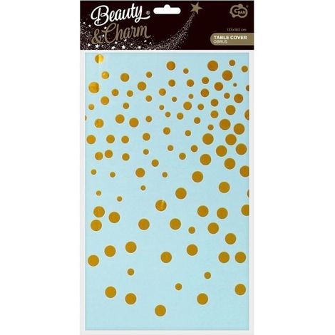 B&C Tischdecke aus Folie, goldfarbene Punkte, hellblau