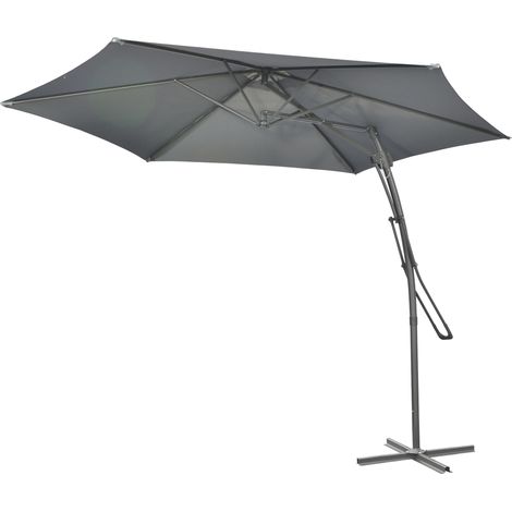 Parasol déporté Ø293 cm pare-soleil levier latéral base croix résistant vent déperlant gris foncé