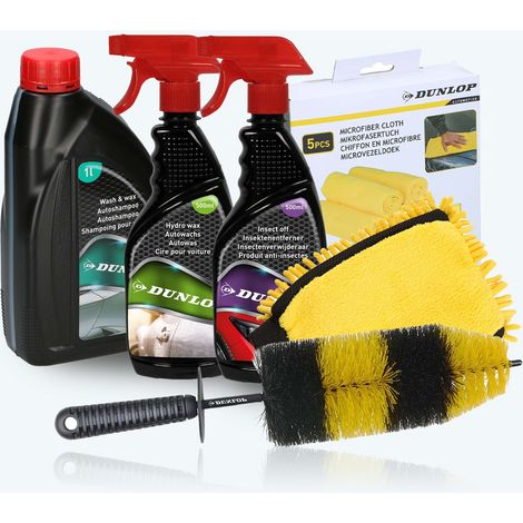 Dunlop Pack Nettoyage Voiture - Shampoing 1L + Cire Hydro Wax 500ml + Anti Insectes 500ml + Brosse XL + Gant 2en1 + 5 Microfibre (1/5)