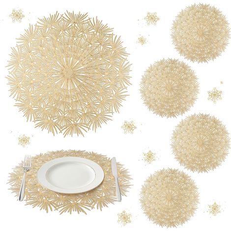 Lot de 6 sets de table ronds 38 × 38 cm motif pissenlit doré en PVC ajouré imperméables résistants aux taches d’huile et faciles à nettoyer (1/5)