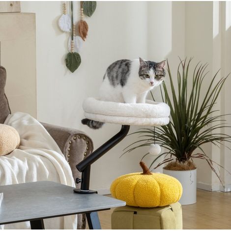 Drehbares Katzenbett für Schreibtisch und Fensterbank 35 cm, höhenverstellbar, Cremeweiß, OKWISH (1/5)