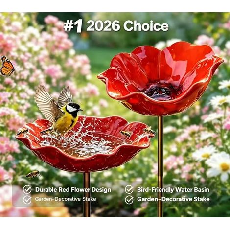 2er-Set handgefertigte Vogeltränken aus Metall mit Blumenmotiven, Gartensperlinge, winterfeste Vogeltränken und Insektentränken, Garten- und Terrassendekoration, 2 Stück, Rot (1/5)