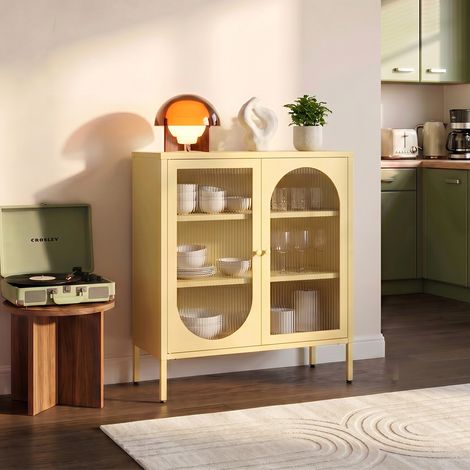 Buffet industriel en métal 2 portes, jaune pastel et verre cannelé 80cm KURT