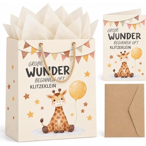 Sac Cadeau avec Carte de Vœux Naissance, Pochette en Papier Girafe avec Texte en Allemand, Kit Emballage pour Cadeau Baby Shower Unisexe et Premier Anniversaire, 4 Pièces (1/5)