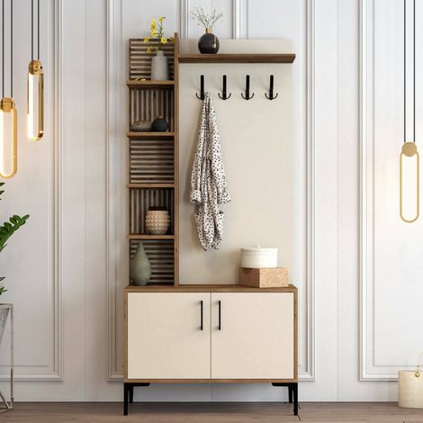 Mueble de Entrada Loredana, 4 Estantes, Perchero, 2 Puertas, 90x35x200h cm Marrón Nogal (1/5)