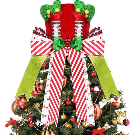 Chapeau de sommet pour sapin de Noël en velours rouge avec jambes d'elfe et nœud papillon allongé, décoration de table et d'arbre pour la maison (1/5)