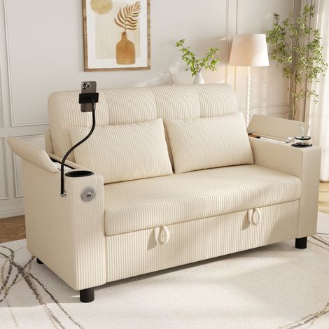 Canapé 2 places 136,5 x 79,5 x 83,6 cm, rangement caché, dossier capitonné, porte-gobelet, USB-C, support téléphone, 2 coussins, velours côtelé, Beige (1/5)