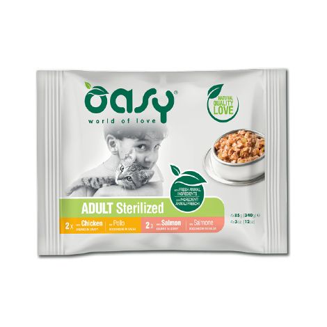 Oasy Cat Bocconcini in Salsa Adult Sterilized Selection - Oasy Cat Bocconcini in Salsa Adult Sterilized Selection - Confezione da 4x85 Gr (1/2)