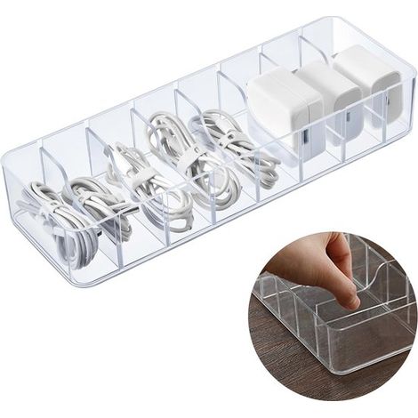 Scatola organizer per cavi e caricabatterie, con 8 scomparti, dimensioni 26 x 10 x 6 cm, coperchio e divisori regolabili. (1/5)