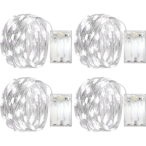 Guirlande Lumineuse - 5 m - 50 LED - Piles AA - 3 Modes - Fil Cuivre Argenté - IP43 - Intérieur Extérieur - Lot de 4